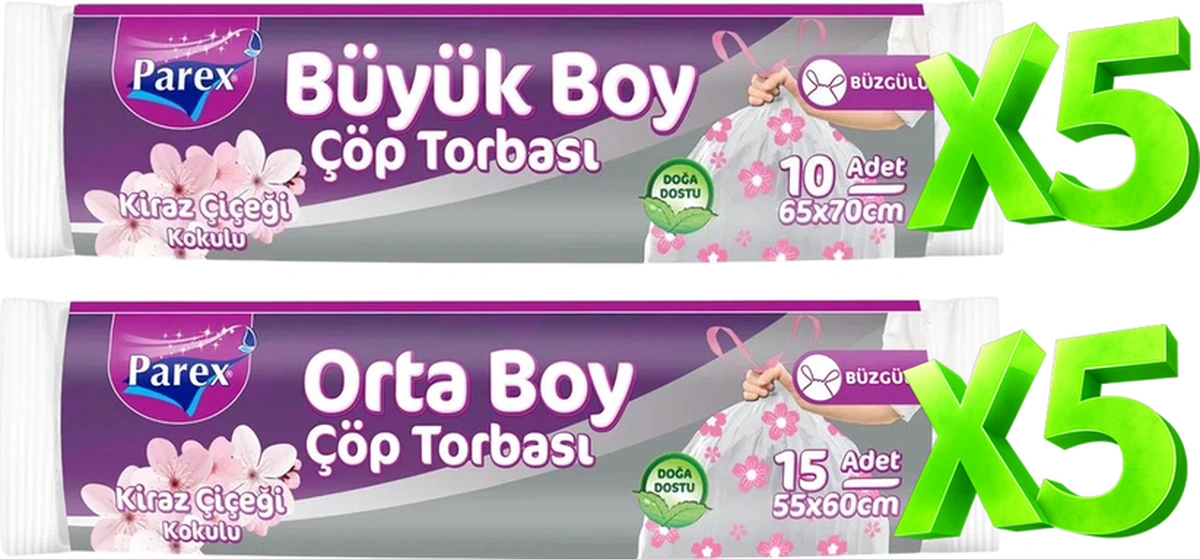 Büzgülü Çöp Torbası Kiraz Kokulu 5 Büyük Ve 5 Orta Boy Set