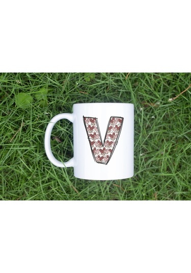 V Harfi Aşk Temalı Kupa - Kalp Desenli Kişiye Özel Romantik Sevgililer Günü Kahve Kupası Beyaz
