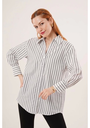 Çift Çizgi Geçişli Düğmeli Gri Gömlek Gri