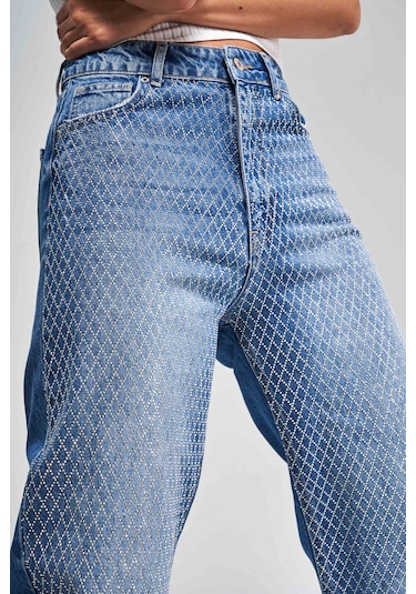 Itsbasic Kadın Mavi Renk Doris T3-2s5-4 Parlak Taşlı Straight Fit Yüksek Bel %100 Koton Tasarım Denim Jean Mavi T3-2s5-4