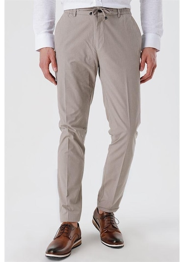 Koyu Bej Çizgili Armürlü % 100 Pamuk Yan Cep Slim Fit Dar Kesim Casual Pantolon 1003230159-koyu Bej Koyu Bej