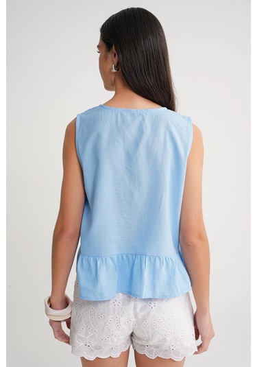 4717 Kadın Önü Bağcıklı Fırfırlı Kolsuz Keten Bluz Mavi Mavi