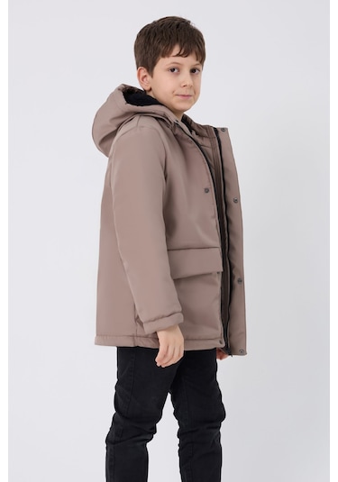 Erkek Çocuk Vizon Içi Kürklü Su Ve Rüzgar Geçirmez Kapüşonlu 3 Cep Kışlık Mont & Kaban & Parka Vizon
