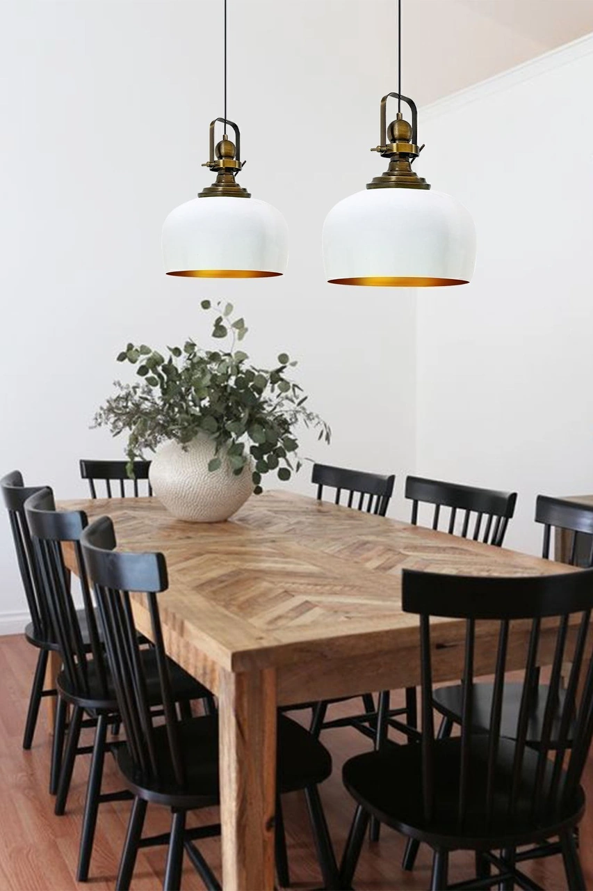 Beyaz Renk Eskitme Başlıklı Tekli Avize Salon Masaüstü Mutfak Cafe Tekli Sarkıt Lamba Vintage Beyaz