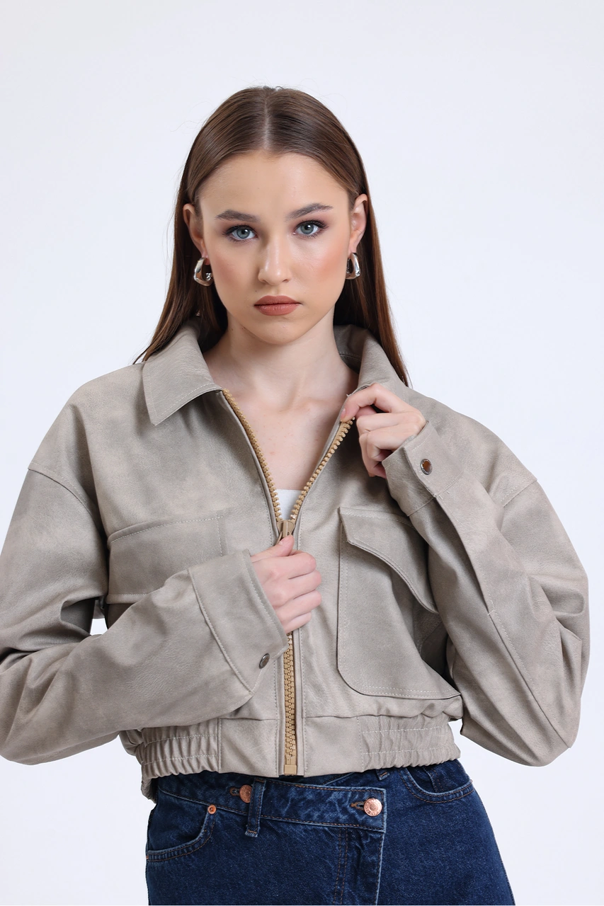 Kadın Deri Oversize Astarlı Kol Çıt Çıt Düğmeli Deri Mont Fermuar Kapamalı Kolej Mont Bej Bej