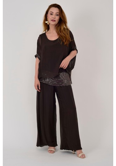 İtalyan Yarasa Kollu Payetli İpek Bluz-9248 Kahverengi