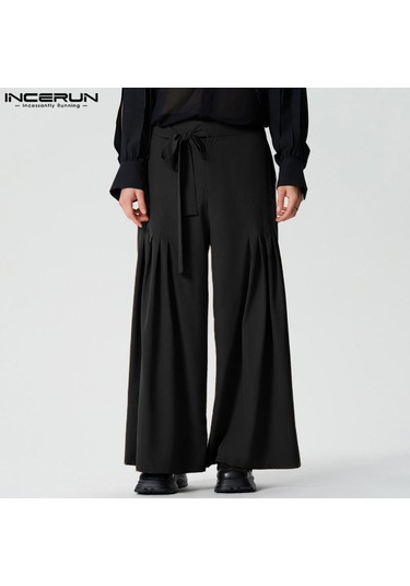 Incerun Erkek Yüksek Bel Bağcıklı Geniş Paça Pantolon Rahat Pileli Resmi Pantolon Gri