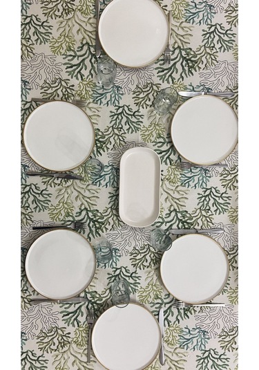 Sıvı Geçirmez Dertsiz Masa Örtüsü Yeşil Mercan Desenli