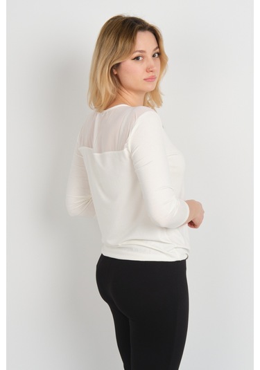 Sistas Kadın Omuz Ve Kolları Tül Detaylı Beli Lastikli Truvakar Kol Bluz 23321 Ekru Ekru