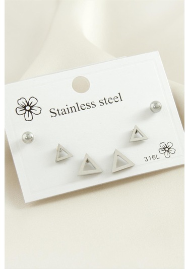 6 Adet Üçgen Çelik Küpe 0415 Gümüş