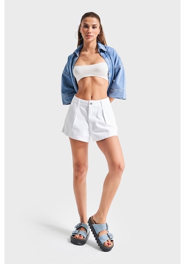 Itsbasic Kadın Beyaz Renk 5s5-2 Mini Boy Pileli %100 Koton Denim Şort