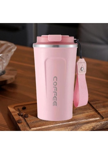 Pembe Mühür Kapaklı Seyahat Kahve Kupa Dökülmeye Dayanıklı Yalıtımlı Çevre Dostu Kolay Tek Elle İçme Paslanmaz