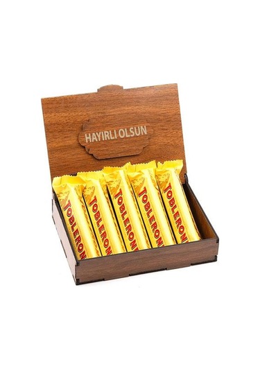 Sevdiklerinize Özel Ahşap Hediye Kutusunda 5 Adet Toblerone Hayırlı Olsun Yazılı