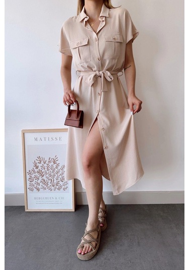 Kadın Bej Kısa Kol, Gömlek Yaka, Düz Desen, Çift Cepli, Aerobin Kumaş, Kuşaklı Maxi Elbise Bej