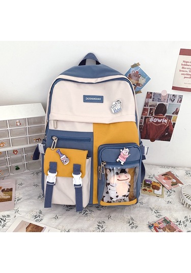 Samdoo Mavi Üniversite Stili Şeffaf Çift Askılı Çanta - Yavru Buzağı Askılı Ve 3 Kartun Sticker İle Sevimli Kadın Çantası MAvi