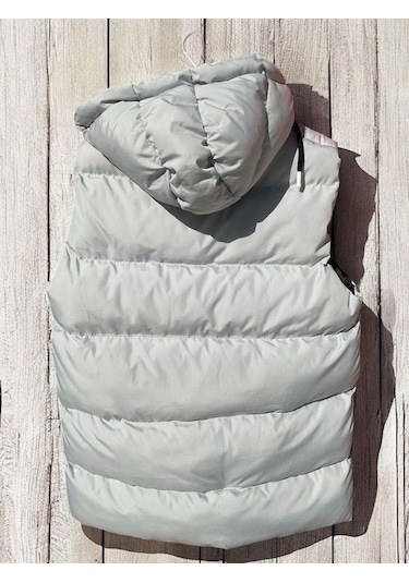 Çocuk Kapüşonlu Cep Detaylı Şişme Kalın Yelek-15008 Gri