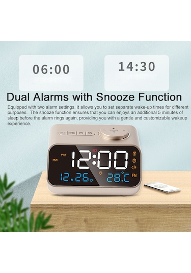 Çok İşlevli Çalar Saat Fm Radyo Şarj Edilebilir Led Dijital Saat Sıcaklık Ve Nem Göstergesi Sesle Etkinleştirilen/sürekli Açma/kapatma, Parlaklık/ses Ayarlanabilir, Erteleme Fonksiyonu