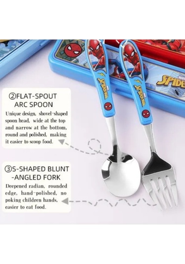 Fastbuy 3'lü Paslanmaz Çelik Örümcek Adam Kaşık Çatal Seti, Ahşap Kutulu, Taşınabilir Yeniden Kullanılabilir Sofra Takımı Ahşap