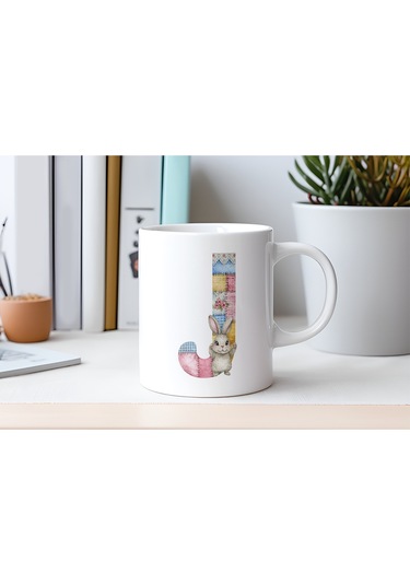 J Harfli Tavşan Kupa - Patchwork / Yamalı Desenli İsme Özel Kupa - Pastel Vintage Tarz Hediyelik 07 Beyaz