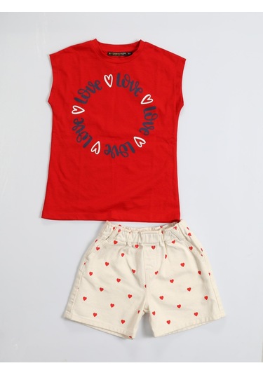 Love Kalpli Denim Şort Takım-kırmızı - Beyaz Beyaz - Kırmızı