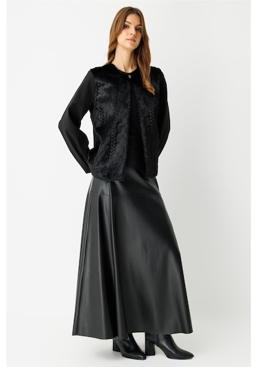 Kürk Ceketli Deri Etekli Takım Siyah Siyah