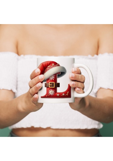 L Harfi Yılbaşı Temalı Bardak 330 Ml Harfli Kişiye Özel Hediye - Yeniyıl / Noel Şapka Tasarım Beyaz