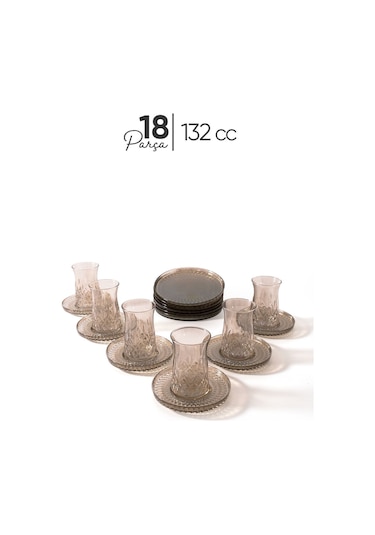 Mest 18 Parça 6 Kişilik Füme Pasta Tabaklı Çay Bardağı Seti 132 Cc - Şık Ve Zarif Füme