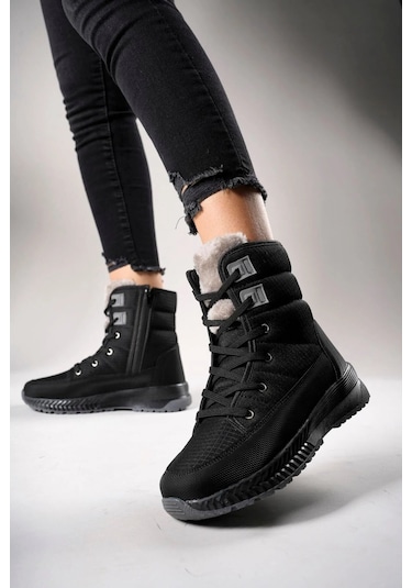 Kadın Kışlık Suya Dayanıklı Fermuarlı Bağcıklı Bot - Siyah - 39 Siyah