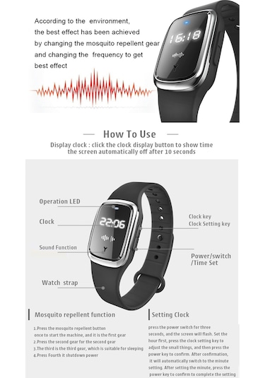 Aubyhe M2 Ultrasonik Kovucu Bileklik, Saat Fonksiyonlu, Çocuk-yetişkin-hamile Uygun, Siyah Silikon Metal, 7 Gün Kullanim Süresi