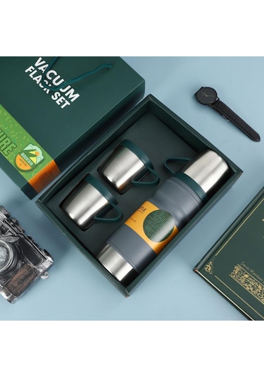 Thermohis 6158 Çelik Termos 3 Bardaklı Set Siyah