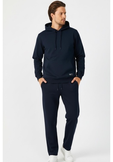 Lacivert Regular Fit Kapüşonlu Cepli Sweatshirt Düz Paça Erkek Eşofman Takımı Lacivert