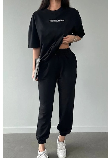 Thatssofetch T-shirt Eşofman Altı Jogger - Siyah Baskı Alt Üst Eşofman Takımı Oversize Bisiklet Yak Siyah