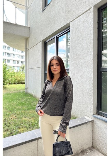 Kadın Antrasit Polo Yaka Basic Bluz, Uzun Kol, Regular Kesim, Günlük Ve Spor Sweatshirt Antrasit