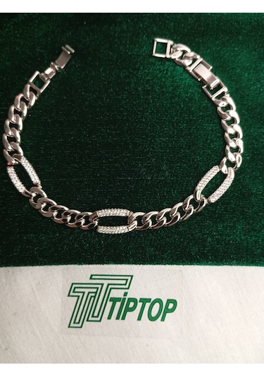 Tiptop/ Gümüş Renk Zincir Model Zirkon Taşlı Bileklik Gümüş