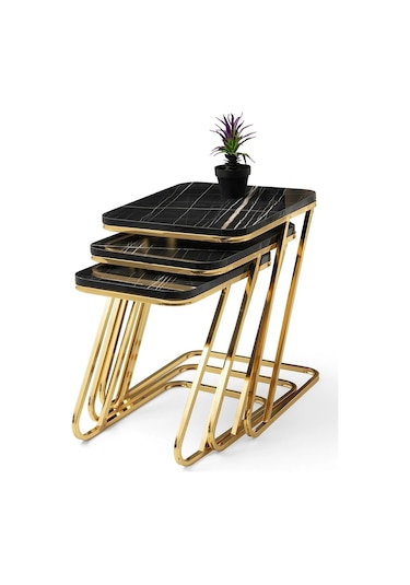 Parlak Ahşap Mermer Desenli 3 Lü Zigon Sehpa Metal Gold Ayaklı Pars