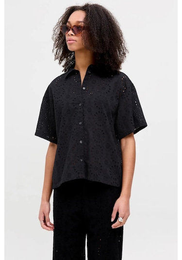 Jjxx Kadın Jxmıllıe Rahat Kesim Dantel Detaylı Kısa Kollu %100 Pamuk Gömlek 12270924 Siyah Siyah