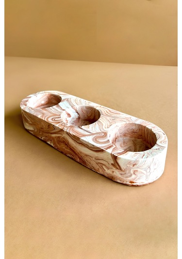 Kahverengi Mermer Desenli 3 Gözlü Beton Mumluk Minimalist Tealight Ve Dekoratif Şamdan Kahverengi