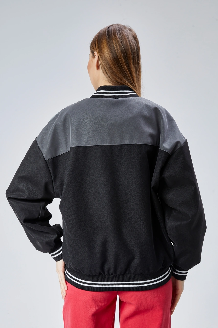 Kadın Oversize Baskılı Motorcu Yarışçı Montu Kolej Ceketi Mint Yeşili