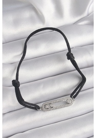Siyah Renk İpli Asansör Zirkon Taşlı Gümüş Messika Model Kadın Bileklik Çok Renkli