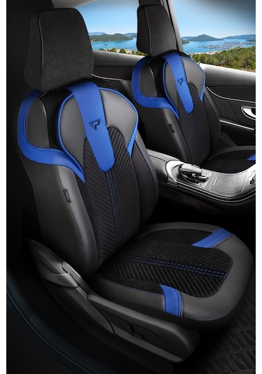 Siyah - Mavi Garni Panda Monte Carlo Serisi Velor Kadife Kumaş Oto Koltuk Kılıfı - Tam Set