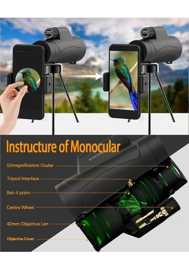 Yetişkinler İçin Telefon Tutucu Tripod İle Monoküler Teleskop, Hd Kompakt Monoküler