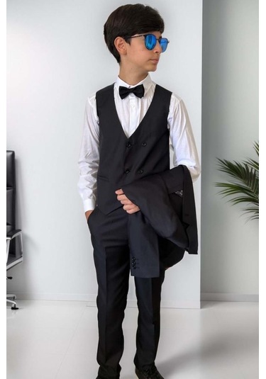 Riccotarz Erkek Çocuk Blazer Ceketli, Cepken Yelekli Siyah Takım Elbise 10-16 Yaş Siyah