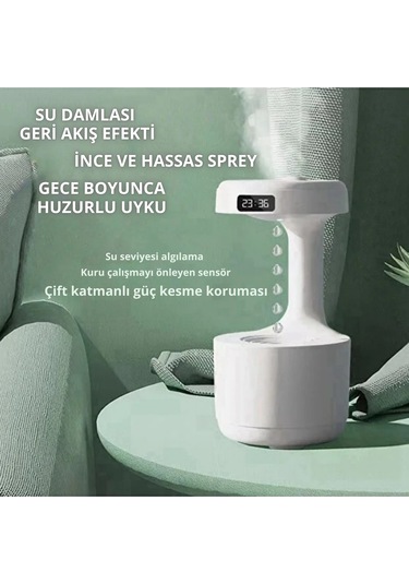 Anti-gravity Su Damlası Efektli Hava Nemlendirici Led Ekranlı, Sensörlü, Sessiz Çalışma