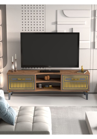Tv Sehpası Tv Ünitesi Vera Atlantik Çam Antrasit Gold Çizgili 5050 Sarı