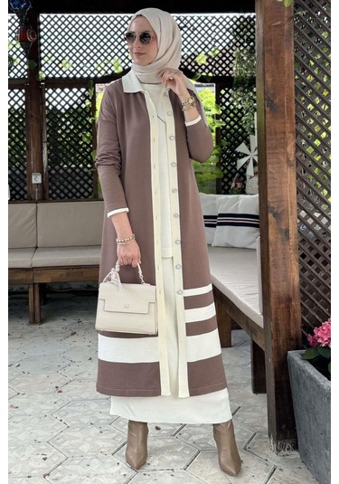 İmge Çizgili Triko Hırka Sütlü Kahve Çok Renkli