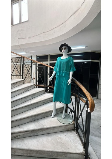 İtalyan Saçak Detaylı Müslin Keteni Yırtmaçlı Elbise - Bluz & 2'li Takım-9905 Mint