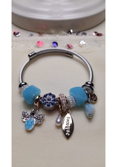 Uzel Çelik Gümüş Silver Model Forever Yazılı, Arı Charmlı Çelik Bileklik Mavi