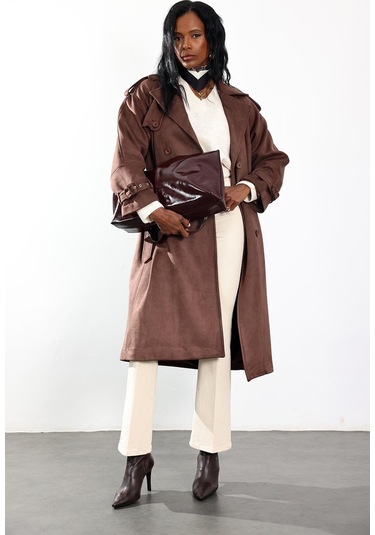 Kahverengi Kruvaze Yaka Süet Kaban 9608 Kahverengi