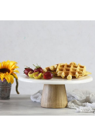 Akayev Mermer 25 CM Konik Ahşap Ayaklı Beyaz Yuvarlak Sunum Tabağ