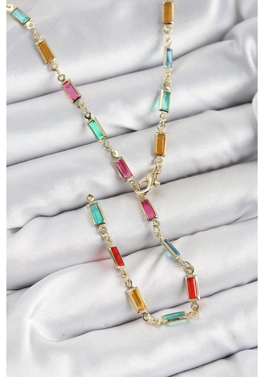 Pirinç Renkli Zirkon Taşlı Dikdörtgen Model Gold Renk Kadın Y Kolye Çok Renkli